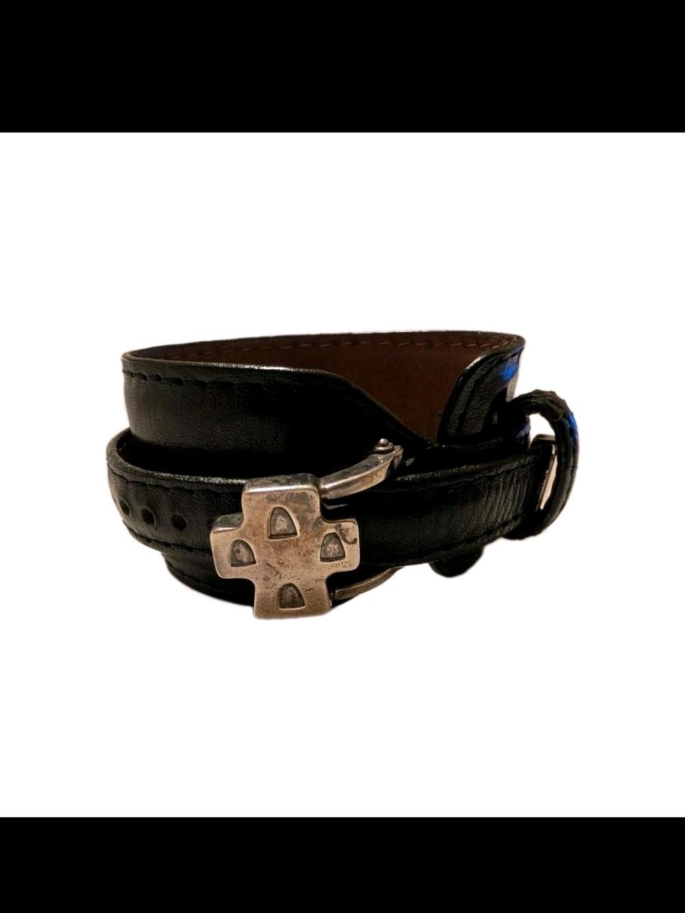 Saint by Sarah Jane Sterling Silver Casa Cross Black Leather Wrap Bracelet